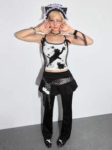 ROMWE Kawaii 可爱黑猫印花蕾丝蝴蝶结修身女式背心 - 白色 - 查看 2