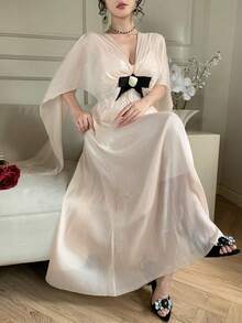 DAZY Pink And Black,Summer,Elegant,Party White Shiny Shawl-Style Bow Decor Dress,Suitable For Valentine's Day,Wedding,Formal Occasion,Fashion Event Dress - Pink - View 11
