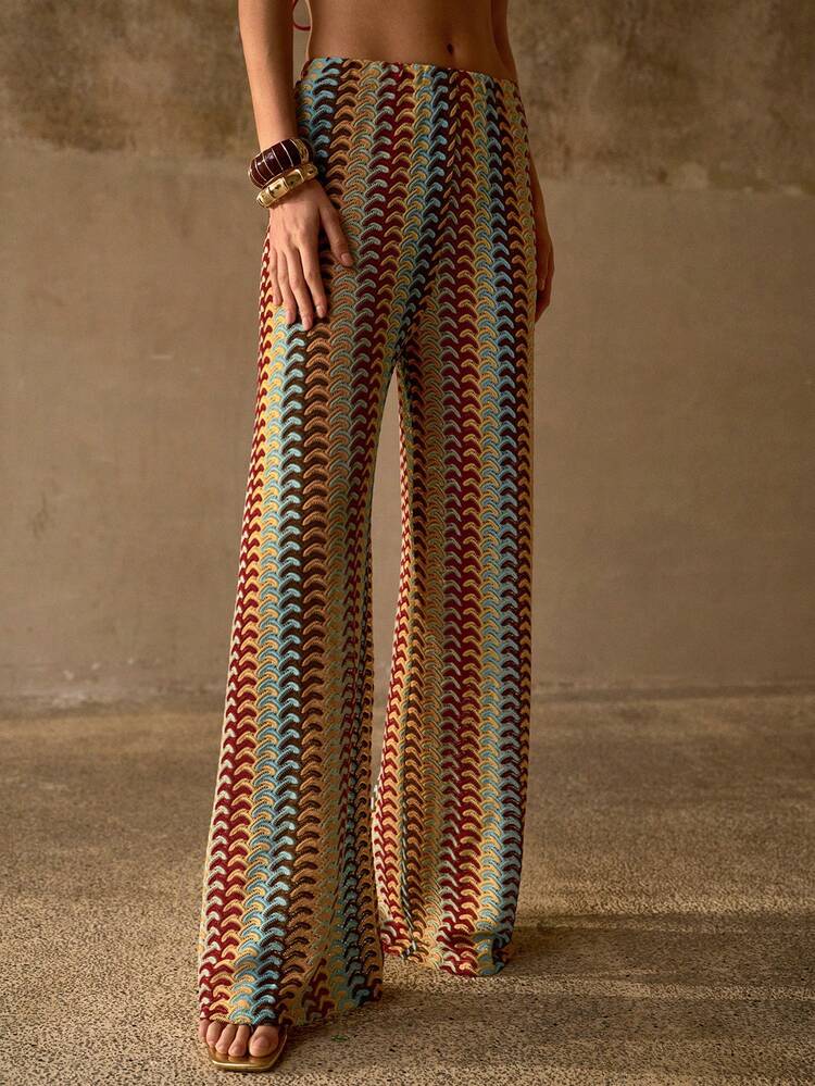 COLORFUL KNITTED JACQUARD LOOSE STRAIGHT WIDE LEG PANTS, RELAXED BOHEMIAN STYLE WOMEN BEACH COVER-UP TROUSERS