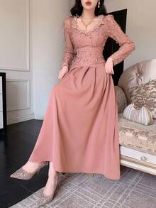 DAZY Spring & Summer Pink Lace Dress, Elegant For Valentine's Day, Wedding, Party, Banquet, Fashion Event. Slim Fit, Sheer Mesh Patchwork, High Waist, Flared Dress For Women Sundress - Watermelon Pink - View 9