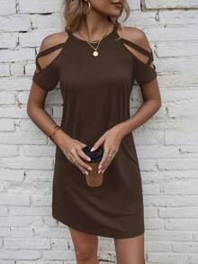 EMERY ROSE Vestido casual de unicolor con hombros descubiertos para ropa de Año Nuevo - Café integral - Ver 5