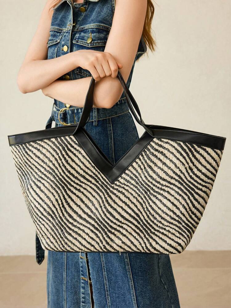 BOLSO DE PLAYA DE PAJA CON ESTAMPADO DE CEBRA PARA MUJER, ADECUADO PARA IR AL TRABAJO, VACACIONES Y VIAJES