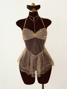 EgrlEra 女士水钻装饰露背迷你连衣裙，闪亮夺目，适合狂欢节派对 - 香檳色 - 查看 5