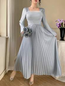 DAZY Women's Elegant Party Solid Color Flared Sleeve Pleated Dress Sundress - Baby Blue - View 8
