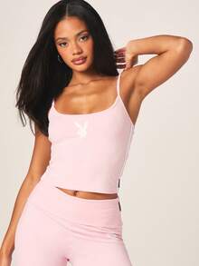 Missguided x Playboy Bluză tip camisol cu dungi laterale, roz deschis, cu decolteu larg, vară, modă casual, streetwear - Roz praf - Vizualizare 5