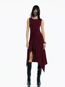 Airlisse Vestido ajustado sin mangas de unicolor minimalista y asimétrico para uso casual y de oficina - Burdeos - Ver 3