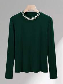 INAWLY Elegant Commuter Pearl Decor Solid Color Long Sleeve T-Shirt, Autumn - Green - View 4