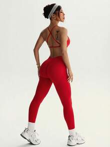 Core Rhythm 女士简约纯色褶皱交叉露背背心和高腰紧身裤运动套装 - 紅色 - 查看 4