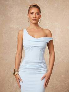 Lumalex 简约复古闪亮假日派对感恩节装扮狂欢节郊游游泳度假波西米亚风海滩热门户外层次丰富的婚礼季宴会成人礼海滩海边女士纯色浅蓝色不对称领口内置胸垫收腰连衣裙单肩连衣裙长款紧身连衣裙优雅连衣裙,秋季婚礼宾客连衣裙,夏季连衣裙,优雅连衣裙 - 淺藍色 - 查看 5