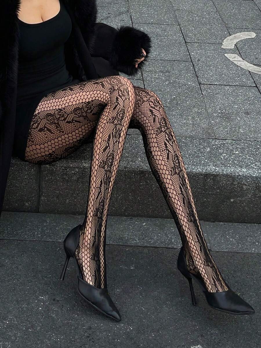 DAZY 女士纯色蕾丝打底裤 - 黑色 - 查看 1