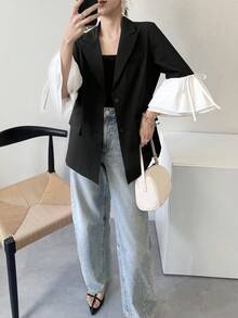 FRIFUL Áo khoác blazer nữ phối màu tương phản, dáng rộng, thoải mái, cổ tay buộc nơ, thích hợp cho mùa xuân/hè. - màu đen - Xem 3