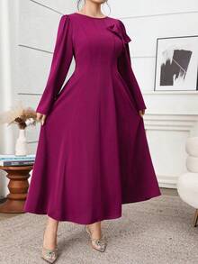 Feyla Plus Size Women's Solid Color Round Neck Long Sleeve Bow Decor Elegant Dress - Burgundy - View 9