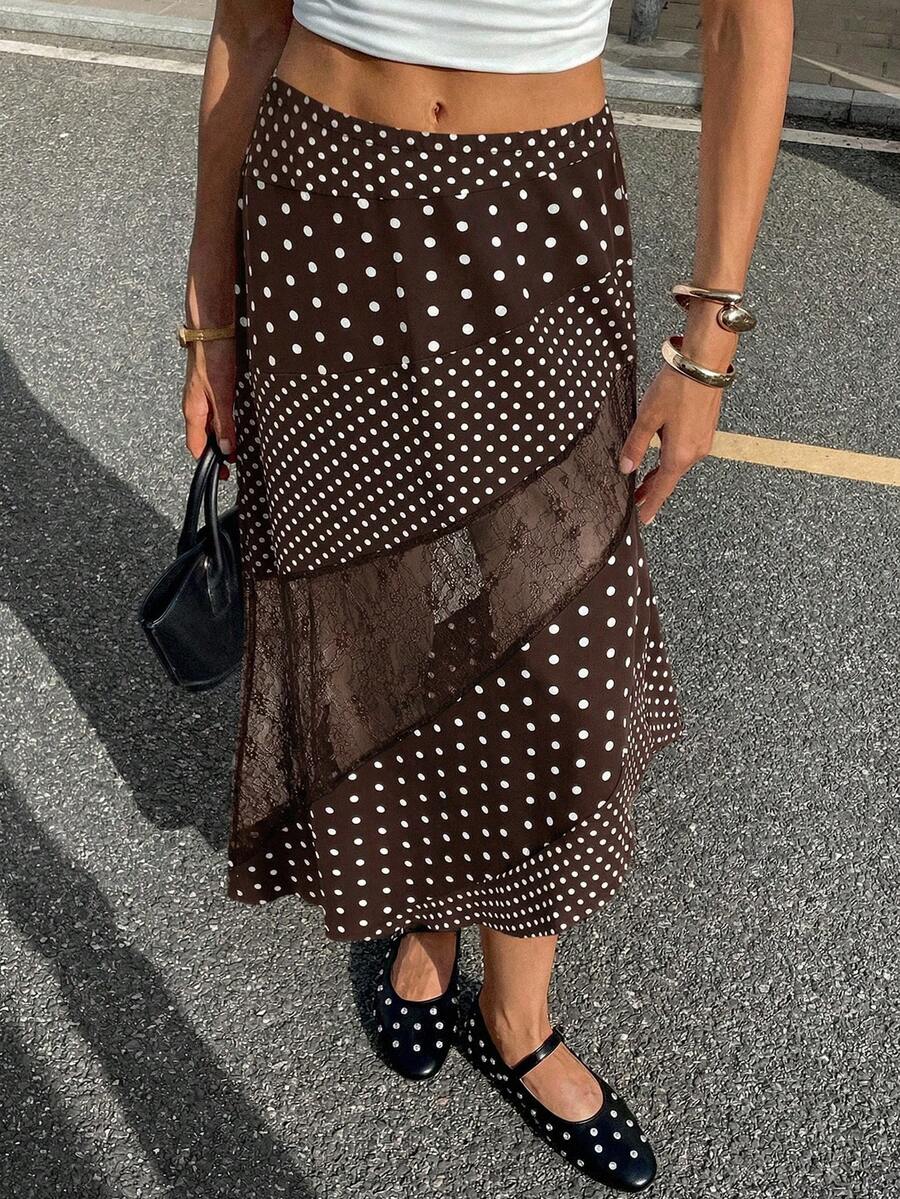 Siren Gaze Women's Casual Polka Dot Print Contrast Lace Skirt Brown Polka Dot Skirt Brown Long Skirt Polka Dot Skirt Lace Insert Skirt Western Skirt - Coffee Brown - View 1