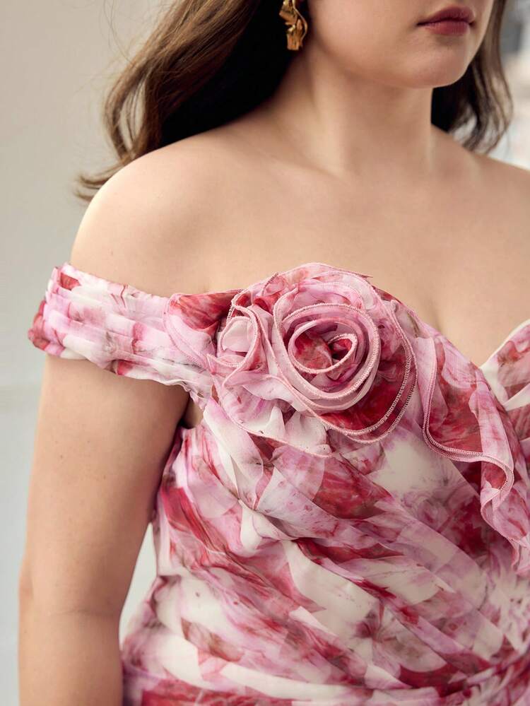 PLUS SIZE WOMEN FLORAL PRINT RUFFLE HEM DRESS