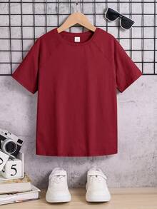 SHEIN T-shirt à manches raglan courtes, col rond, couleur unie, style minimaliste, pour garçon préadolescent - Rouge foncé - Voir 2