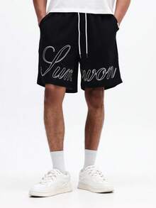SUMWON Men's Drawstring Casual Shorts With Cursive Script Print Black Loose Fit Summer Beach Vacation Wear Comfortable Elastic Waist - Black - View 1