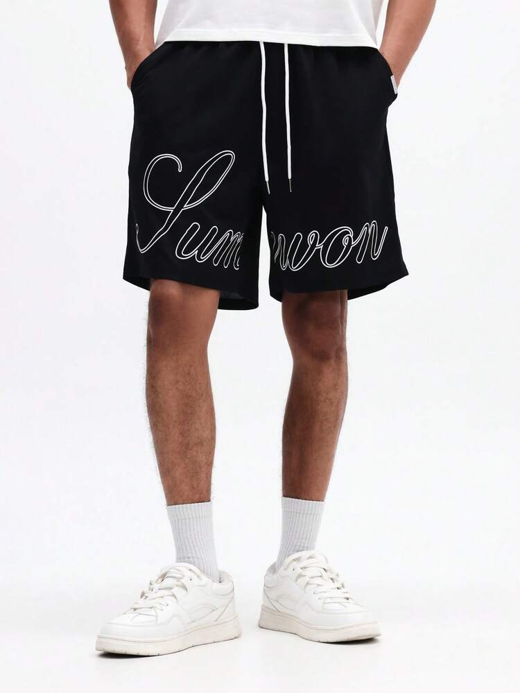 Drawstring Shorts With Script Print