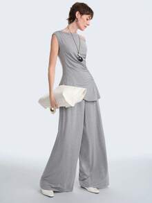 Aalyst 简约休闲时尚新款女士不对称褶皱垂褶露脐上衣和阔腿裤套装，适合日常穿着、婚礼、晚宴、通勤、毕业派对、节日、假期、约会、聚会、万圣节、圣诞节、新年、感恩节等场合。 - 灰色 - 查看 5