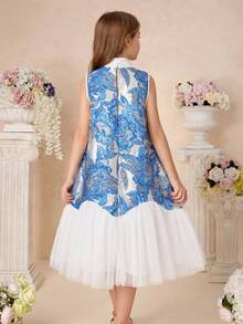 Pitira Kids Tween Girl Blue Woven Textured Floral Jacquard Elegant Layered Mesh Hem Sleeveless A-Line Dress, Blue Kids Formal Dress Blue Flower Girl Dresses Tween Girl Party Dress Blue And White Girls Dress Tween Blue And White Dress Blue Flower Girls Dress,Kids - Blue and White - View 2