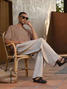 AKNOTIC Business Casual Áo thun nam tay ngắn màu trơn, kiểu dáng thường ngày, thích hợp đi làm. - Màu Khaki - Xem 6