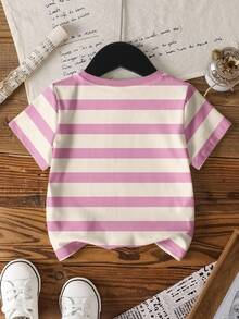 BABY SHARK X SHEIN 女童夏季休闲条纹鲨鱼印花圆领短袖T恤 - 白色 - 查看 2