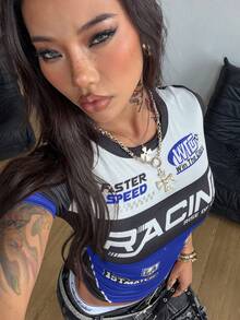 Coolane 巴西女士夏季街头风酷炫篮球球衣设计字母印花白色上衣 - 寶藍色 - 查看 4