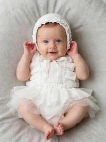 2Pcs Newborn Photography Romper With Matching Hat White Baby Girl Wedding Dress Summer Spring Ruffle Jumpsuit 0-3 Months Baby Photo Shooting Props - Multicolor - View 5