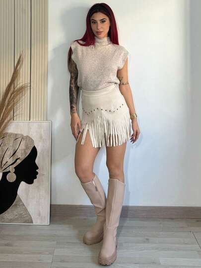 Bearsaez 女士复古嬉皮铆钉流苏棕色绒面革 A 字裙、秋季裙子、纳什维尔服装、海盗裙