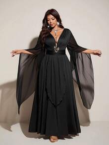 Viva Relle Sexy & Elegant Solid Color Deep V-Neck Waist Cinched Long Dress - Black - View 5