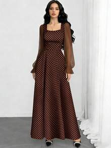 Modelyn 黑色波点印花时尚方领灯笼袖设计女士简约长连衣裙，夏季收腰优雅长裙，适合夏季度假和日常穿着 - 彩色 - 查看 5