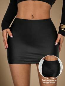 SHEIN PETITE Váy ngắn ôm sát eo thấp màu đen bằng chất liệu PU gợi cảm dành cho nữ (kèm quần legging), váy ngắn màu đen, váy bó sát, váy đen ngắn. - màu đen - Xem 2