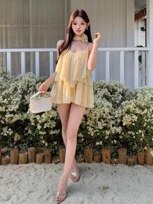 K-Vae Asymmetrical Strap Floral Decor Flowy Blouse - Yellow - View 7