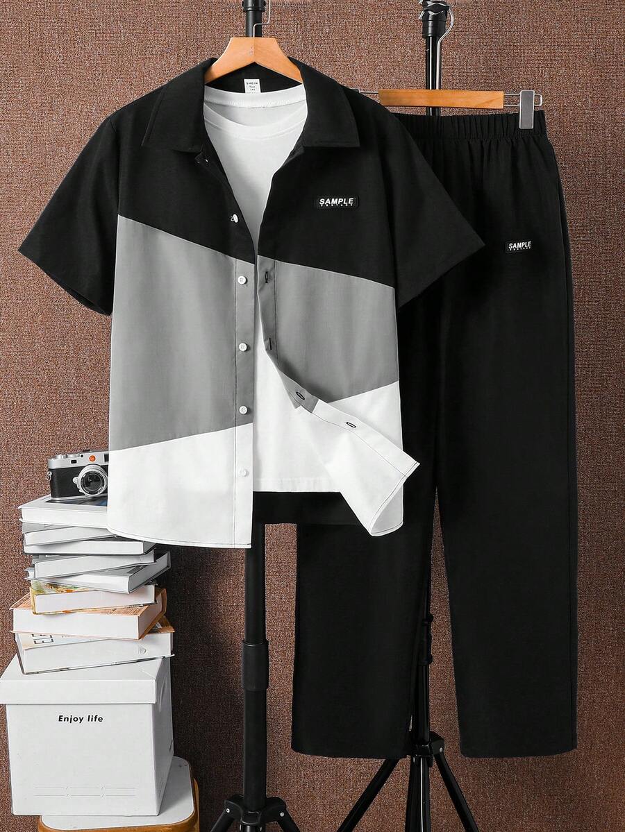 2件套休闲青少年男童字母橡皮章男童AB撞色短袖衬衫+绅士长裤，春夏秋季休闲正装宽松版型，百搭日常穿着、通勤、户外、运动、上学、街头风、派对等场合皆宜，适合春夏穿搭。 - 黑色 - 查看 1