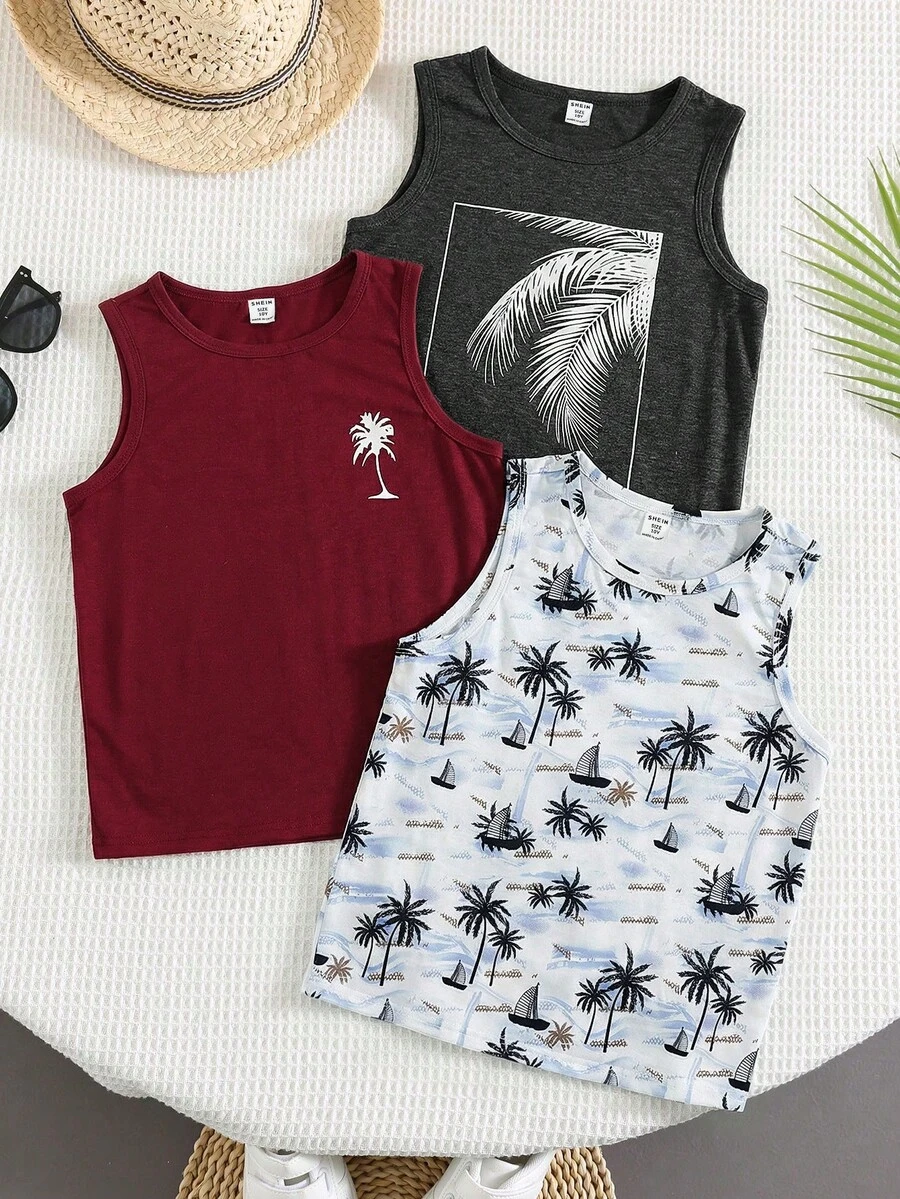 Bộ 3 món áo thun ba lỗ dáng rộng in hình cây cọ phong cách thường ngày cho bé trai tuổi teen, thích hợp đi học, nghỉ lễ, mùa xuân và mùa hè. - Đỏ - Xem 1