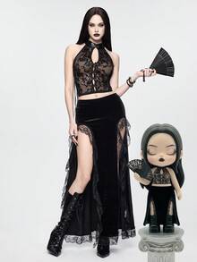 ROMWE Goth Gotisk blommig flockad väst med mandarinkrage - Svart - Visa 7