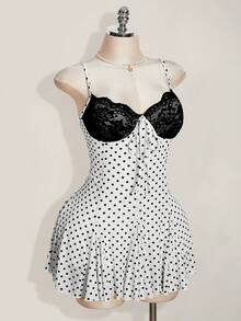 SHEIN ICON 大码女式波点撞色蕾丝连衣裙 - 黑與白 - 查看 7