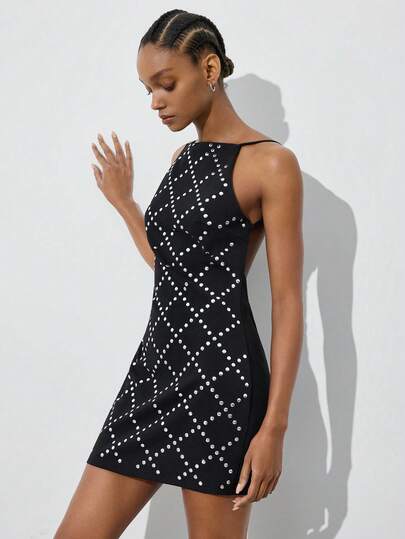 Maija Women's Mini Dress With Metallic Foil Decor, Waist Cinched, Open Back, Urban Chic Graduation