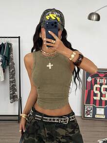 Muchica Sommerliches Vintage-Outfit, ärmellose Bluse mit Raffung, unifarben - Armeegrün - Übersicht 3
