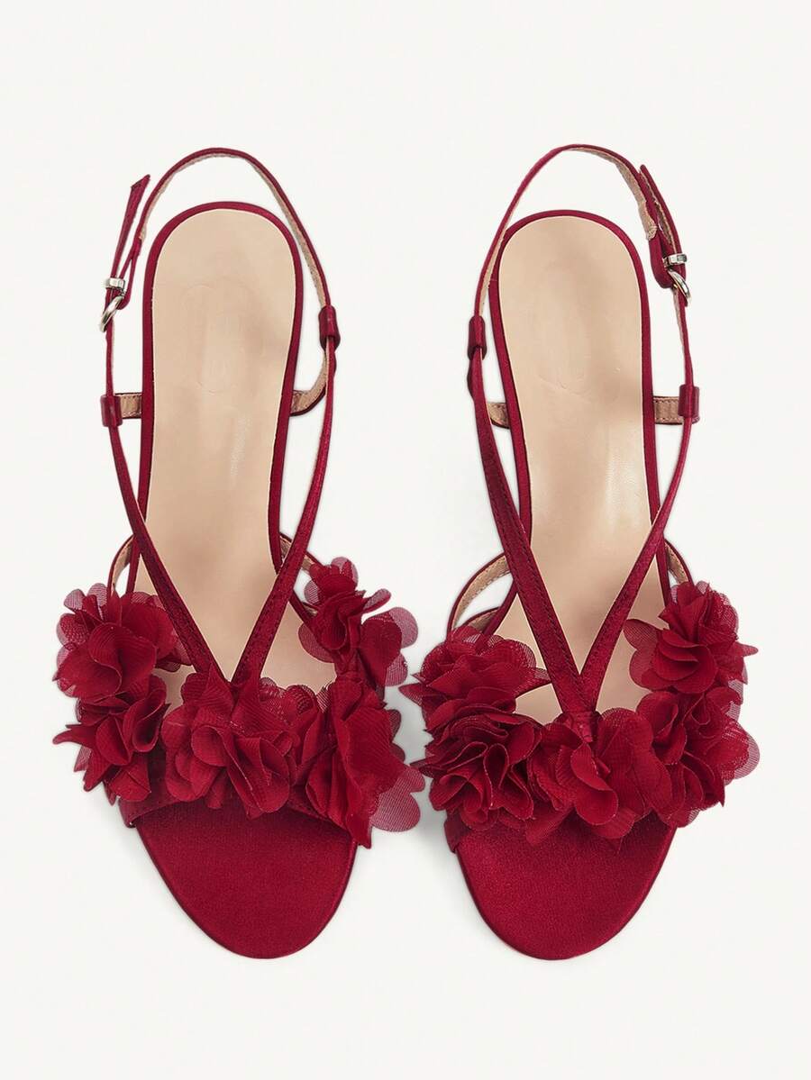 CUCCOO CHICEST Giày nữ mùa xuân hè, giày cao gót hở mũi, khóa chữ T, họa tiết hoa lưới, chất liệu lụa satin màu đỏ tía, thích hợp cho đám cưới, tiệc tùng, hẹn hò, mua sắm, quà tặng ngày lễ. - Đỏ - Xem 1