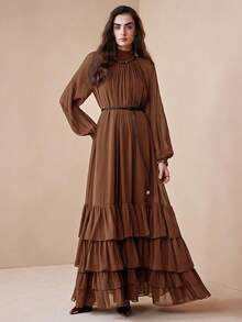 Arave Vestido largo de gasa holgado y elegante para mujer con cuello alto y dobladillo con volantes en capas, adecuado para citas - Óxido marrón - Ver 8