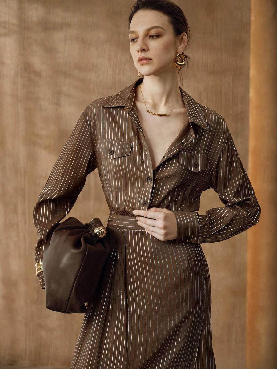 Arave Women's Woven Cotton Blend Metallic Silver Thread Fabric Shirt Collar Small Drop Shoulder Long Sleeve Cinched Waist Full Button Design Casual Long Dress - Coffee Brown - View 1