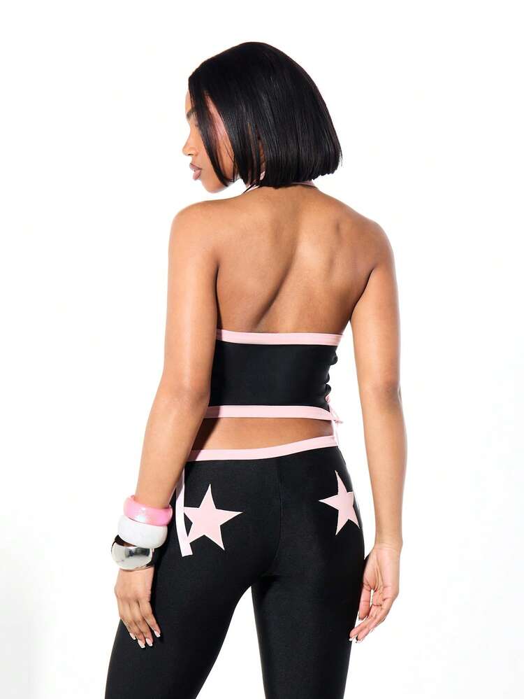 SUMWON WOMEN Slinky Star Print Contrast Binding Lace Up Halter Neck Crop Top Pink Trim Details Tie Closure