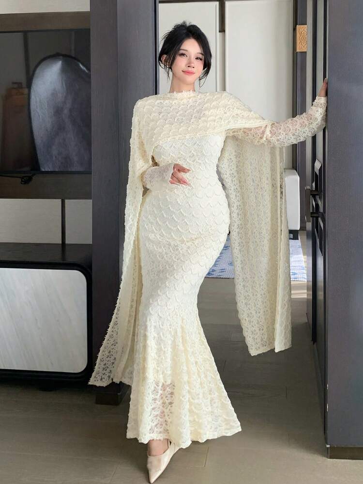 DAZY Vestido de Renda Xale de Primavera e Verão, Vestido Midi Elegante com Ajuste Evasê e Bainha Plissada, Mangas Longas, Adequado para Dia dos Namorados, Casamento, Festa, Ocasião Formal, Vestido de Passeio - Luz amarela - Visão 7