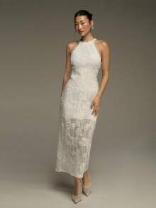 COSMINA Women's Long Dress, Round Neck Sleeveless Ladies Dress, Embroidered Fabric, Lace Patchwork, Wedding Guest Dress, Wedding Dress, White Ladies Dress, Elegant Women's Dress, Summer Dress, Date Dress, Party Dress - White - View 3