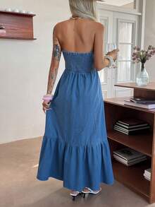 Livesso 女士休闲度假无肩带牛仔连衣裙 - 中等水洗藍 - 查看 7