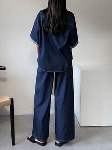 FRIFUL 女士时尚牛仔衬衫和裤子套装 - 藍色 - 查看 2