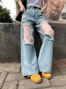 FRIFUL 女士破洞蕾丝拼接休闲阔腿牛仔裤 - 藍色 - 查看 3