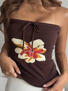 Livesso 女士碎花扭结前襟休闲抹胸上衣 - 棕色 - 查看 8