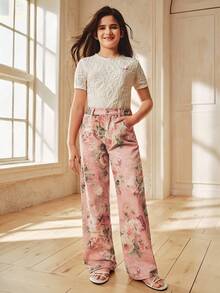 Anewsta Quần jeans ống đứng in hoa thêu thanh lịch dành cho bé gái, kiểu dáng thường ngày và thời trang, thích hợp cho mùa xuân/hè. - Hồng - Xem 1