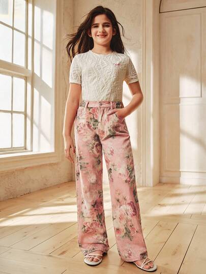 Anewsta Quần jeans ống đứng in hoa thêu thanh lịch dành cho bé gái, kiểu dáng thường ngày và thời trang, thích hợp cho mùa xuân/hè.